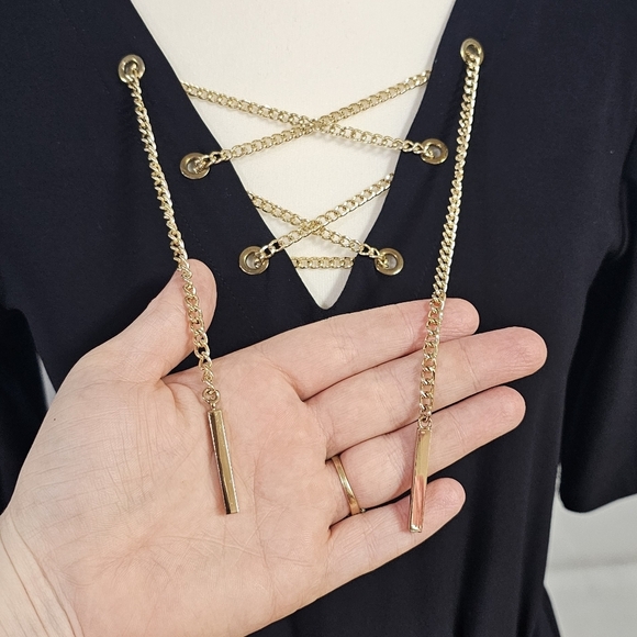 MSK | GOLD CHAIN EMBELLISHED HIGH ELBOW SLEEVE KNEE LENGTH DRESS - Picture 10 of 16